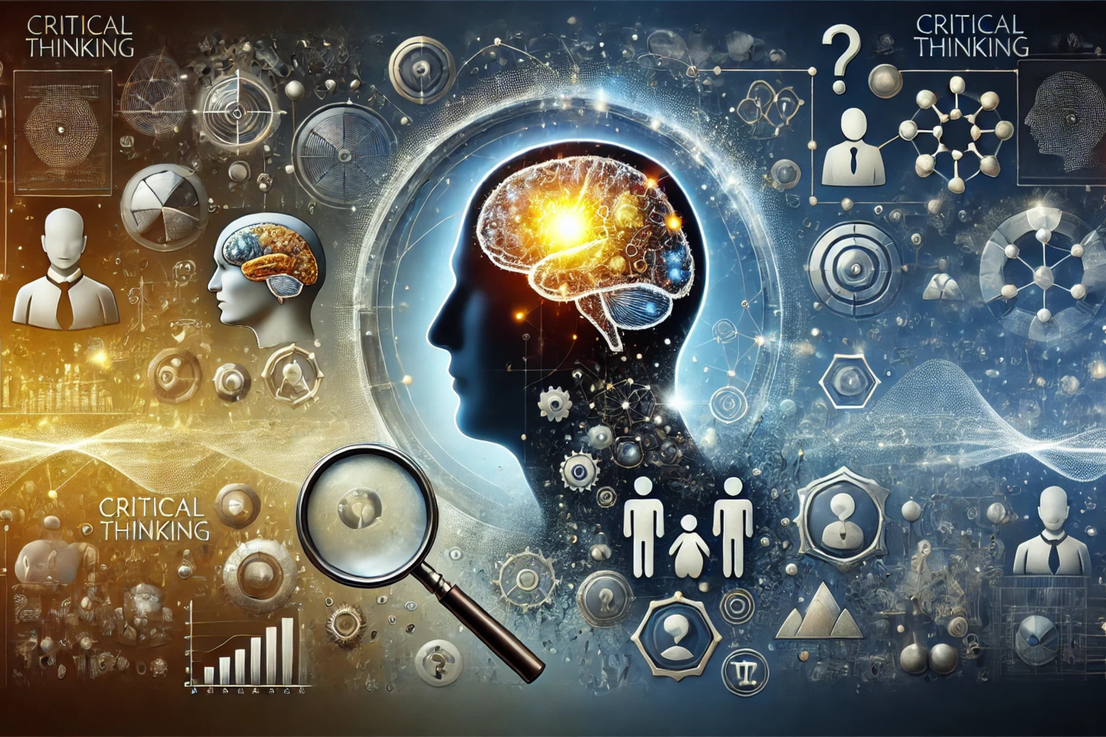 Conceptual illustration of critical thinking from psychological and sociological perspectives. A human silhouette with a glowing brain is surrounded by abstract symbols of reasoning, logic, and analysis, including puzzle pieces, neural connections, and magnifying glasses. The left side represents individual cognitive processes, such as biases and personal reflection, while the right side illustrates collective reasoning, debate, and societal influence. The background features interconnected nodes, question marks, and data streams, emphasizing the complexity of thought and decision-making.