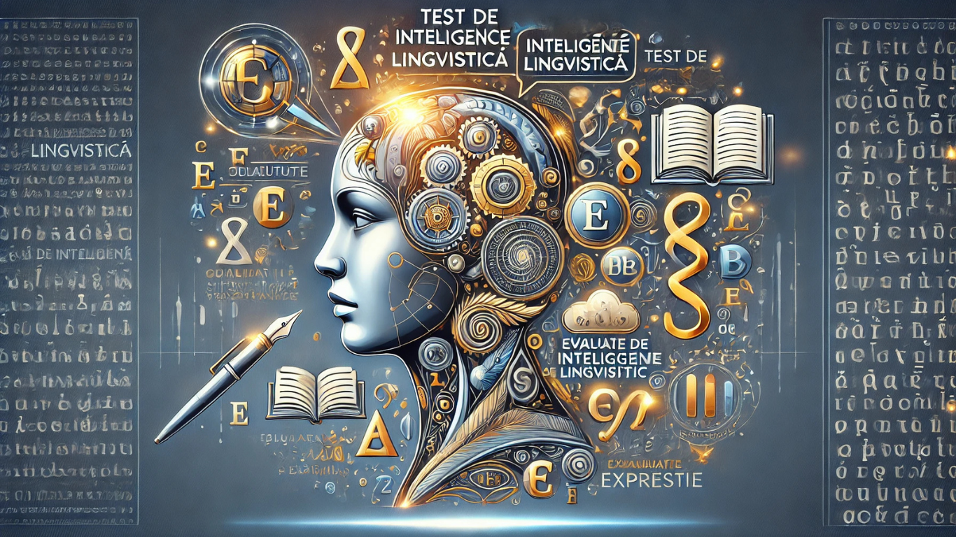 Imagine conceptuală reprezentând Testul de Inteligență Lingvistică. Prezintă o figură umană stilizată cu elemente simbolice ale comunicării, cum ar fi baloane de vorbire, cărți, un stilou și litere plutitoare. Fundalul conține simboluri gramaticale și o interfață digitală, sugerând un test interactiv pentru evaluarea abilităților de comunicare și expresie.