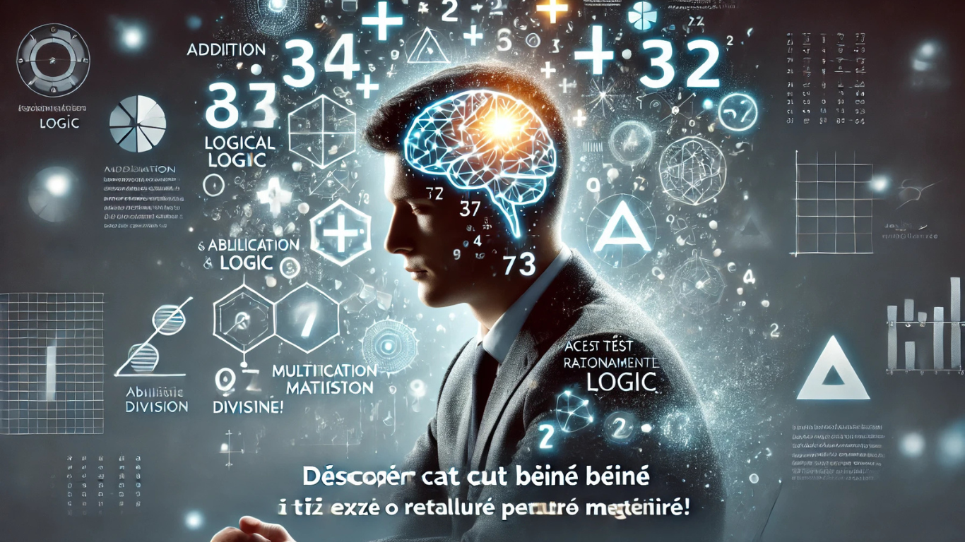 Imagine conceptuală despre testul de raționament logic și abilități matematice. Prezintă un bărbat concentrat, înconjurat de simboluri matematice, puzzle-uri logice și un creier luminat, simbolizând procesele cognitive.