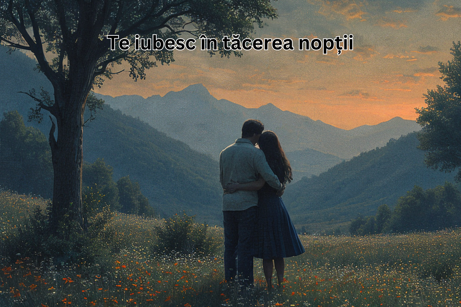 Persoană contemplând un apus de soare într-un peisaj montan, simbolizând iubirea și melancolia