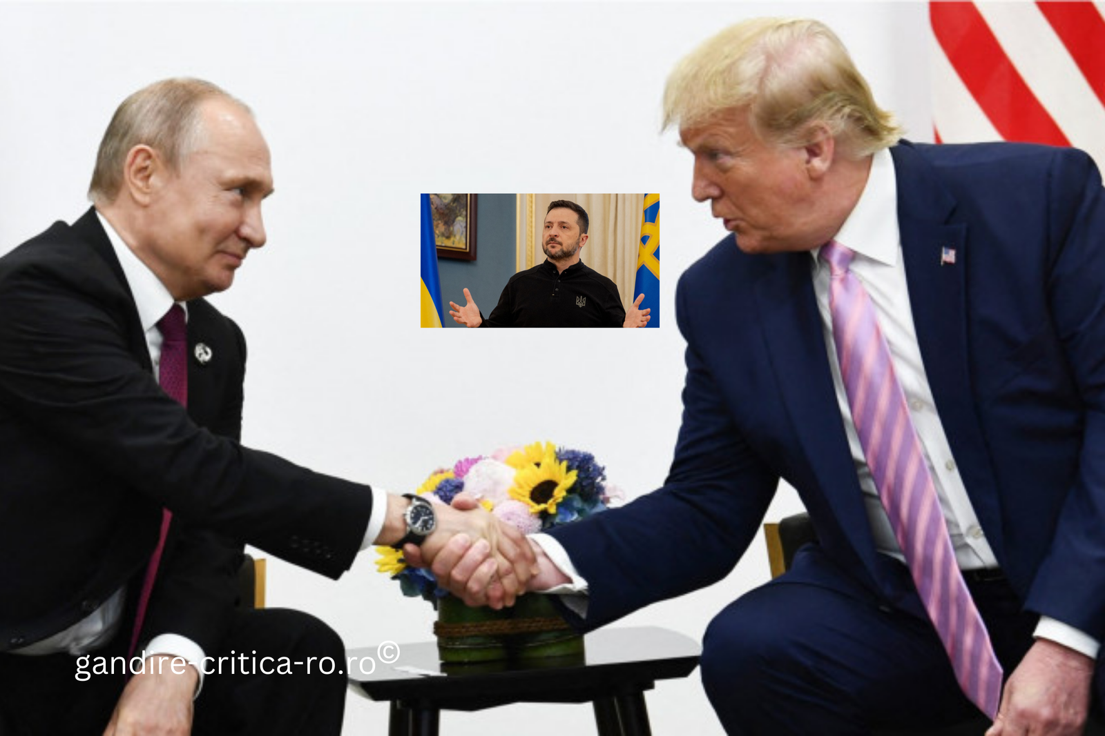 Donald Trump dând mâna cu Vladimir Putin, simbolizând relația controversată dintre cei doi lideri și influența geopolitică a Rusiei asupra SUA.