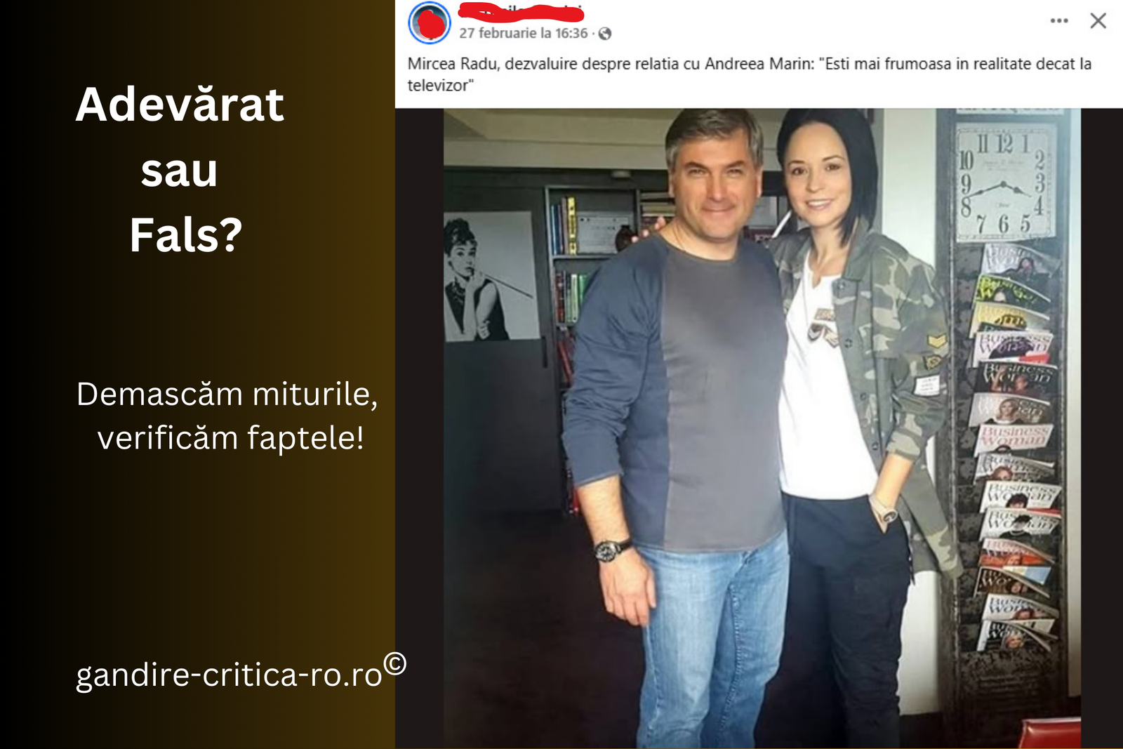 Mircea Radu și Andreea Marin zâmbesc împreună într-o fotografie, analizăm dacă există o relație între ei și verificăm declarația despre frumusețea ei în realitate.