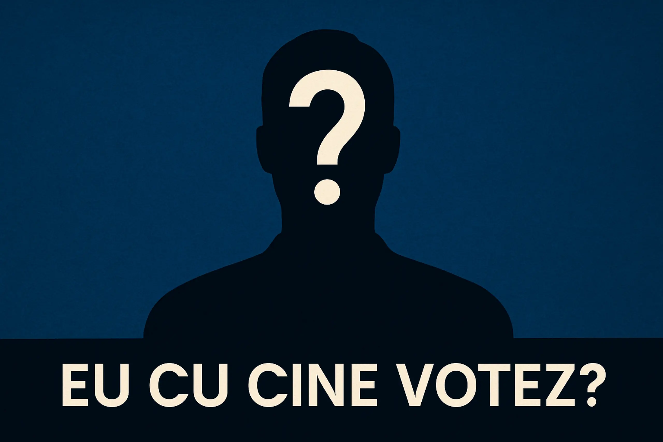 Siluetă umană cu semnul întrebării și mesajul „Eu cu cine votez?” – simbol al alegerii președintelui în România.