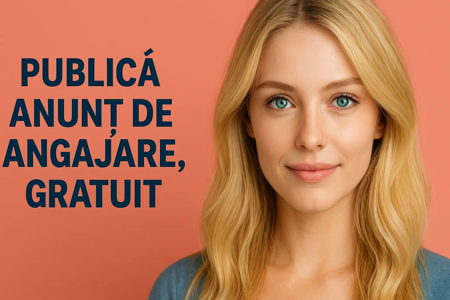 Femeie zâmbitoare alături de mesajul Publică un anunț de angajare, gratuit