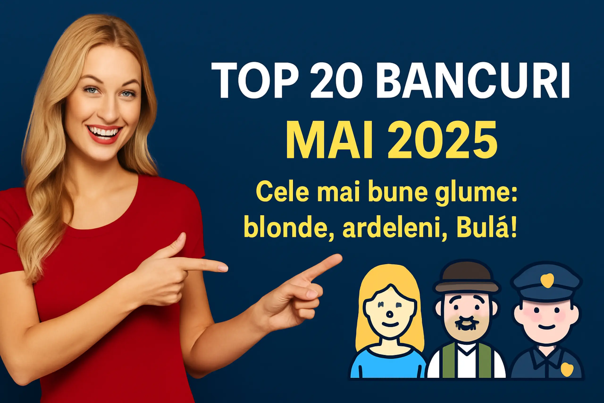 Blondă zâmbitoare care arată spre titlul Top 20 bancuri mai 2025, pe fundal albastru închis cu personaje haioase.