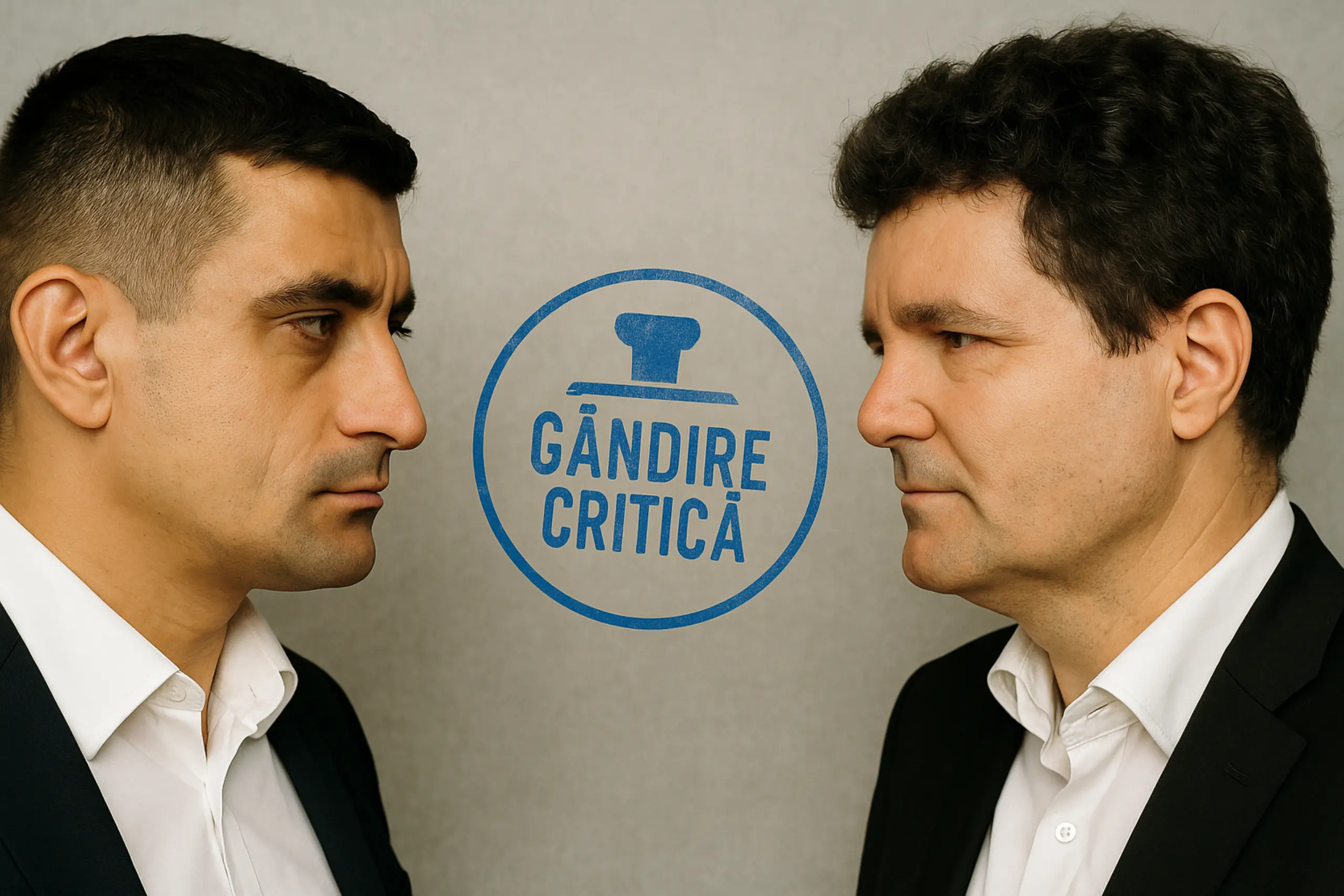 George Simion și Nicușor Dan față în față, cu o ștampilă de vot pe care scrie „Gândire Critică” între ei – analiză comparativă politică.
