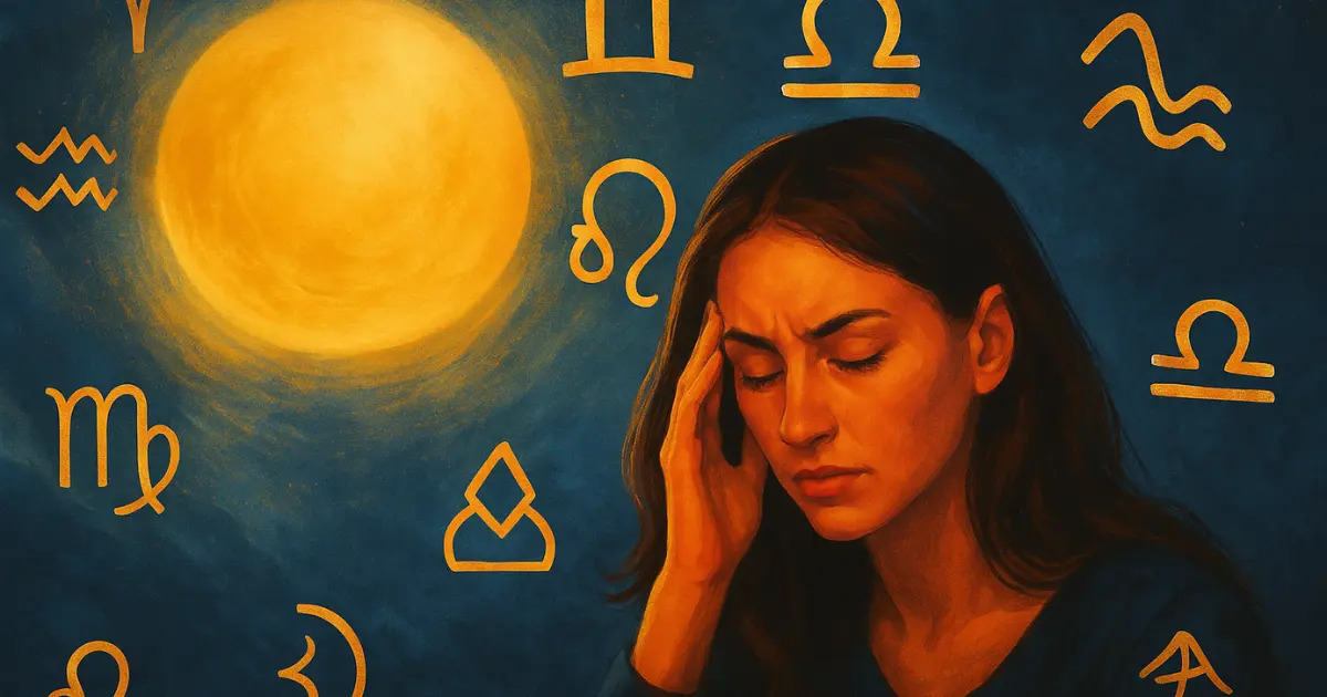 Femeie introspectivă cu simboluri zodiacale pe fundal, alături de soare astral – horoscop 1 iunie 2025