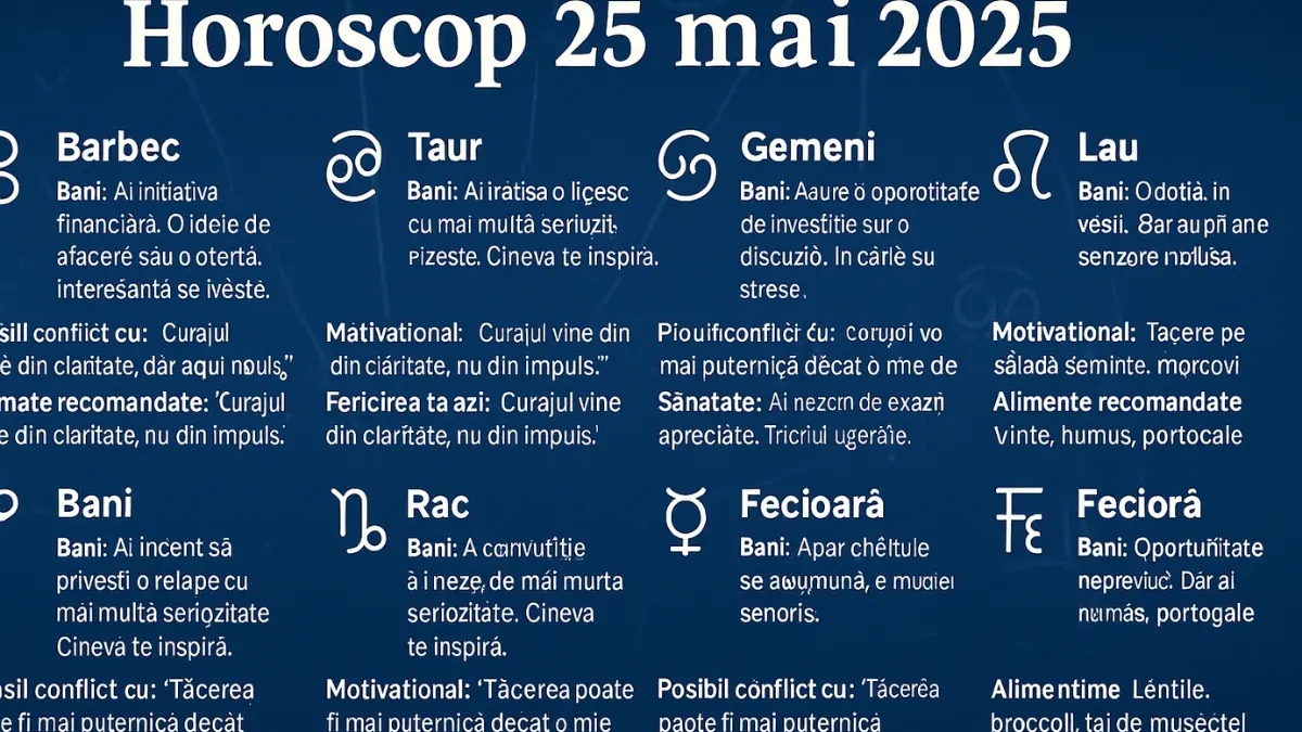 Horoscop 25 mai 2025 – Previziuni astrologice pentru toate zodiile: bani, dragoste, carieră, sănătate și alimente recomandate