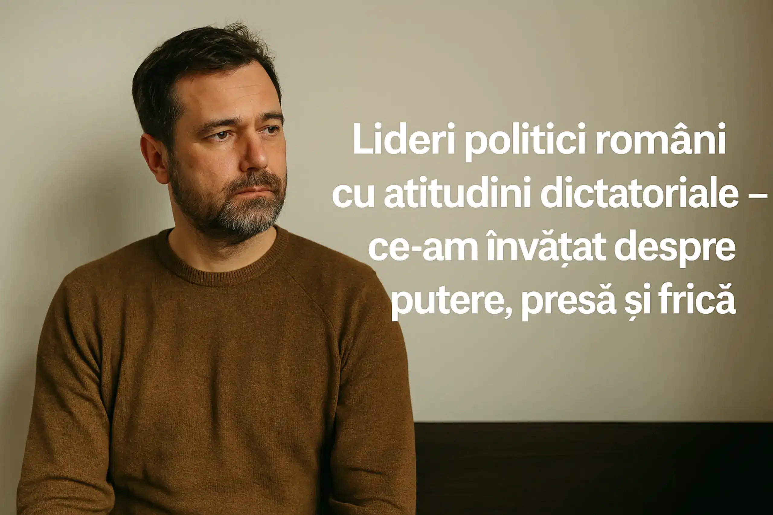 Bărbat gânditor privind spre dreapta, cu textul „Lideri politici români cu atitudini dictatoriale – ce-am învățat despre putere, presă și frică”