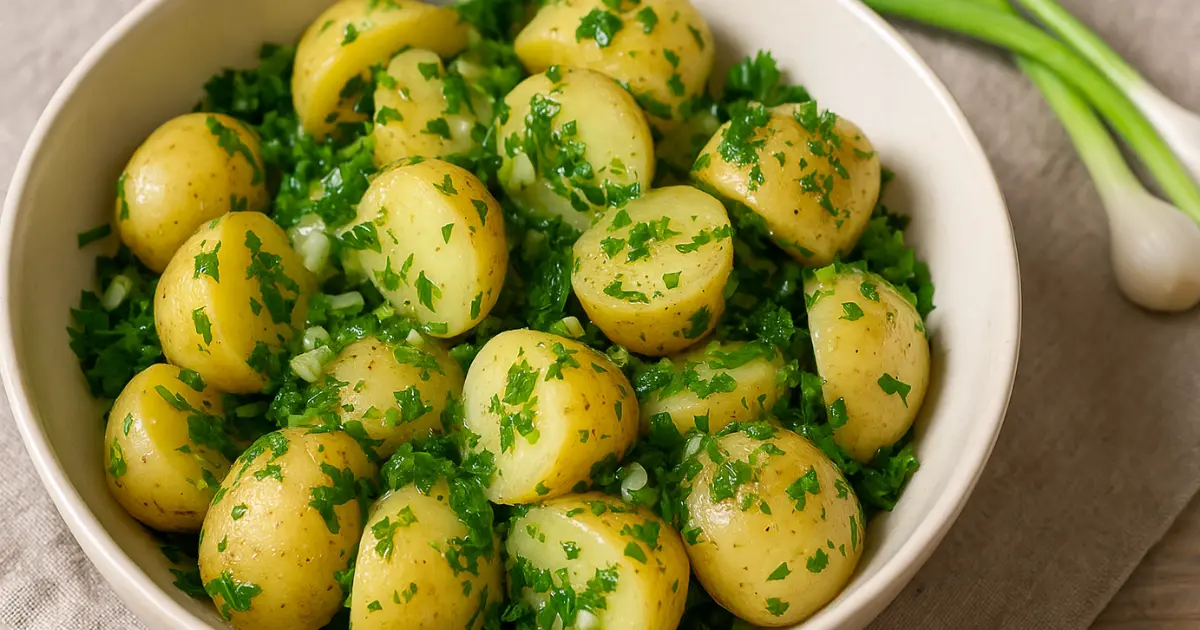 Salată călduță de cartofi noi cu usturoi verde și pătrunjel