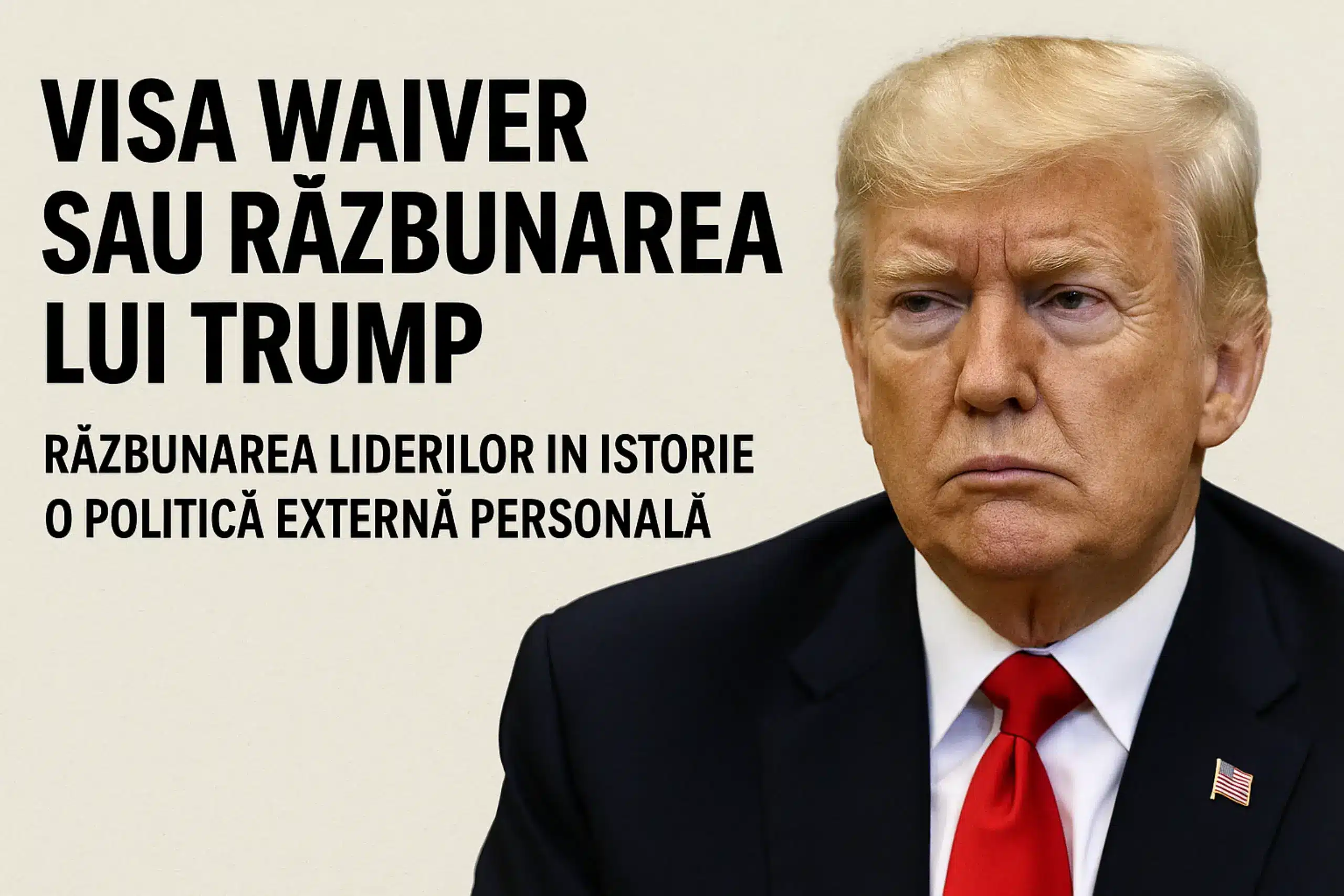 Donald Trump pe fundal bej alături de titlul articolului „Visa Waiver sau Răzbunarea lui Trump” despre politica SUA față de România.