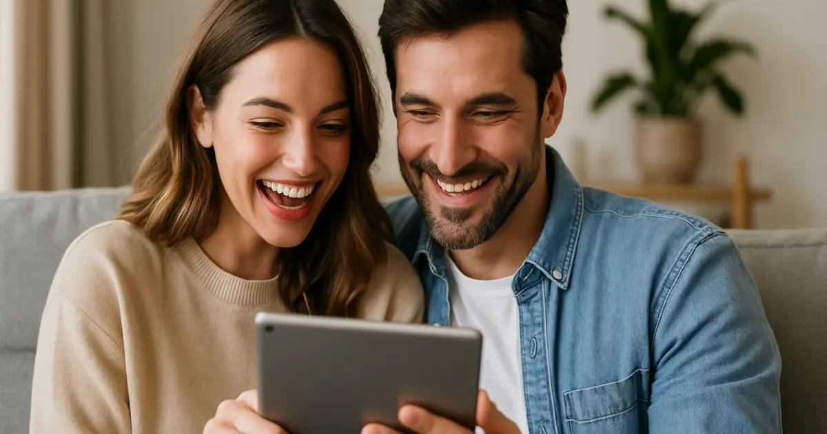 Cuplu fericit citind horoscopul zilei pe tabletă – horoscop 3 iunie 2025