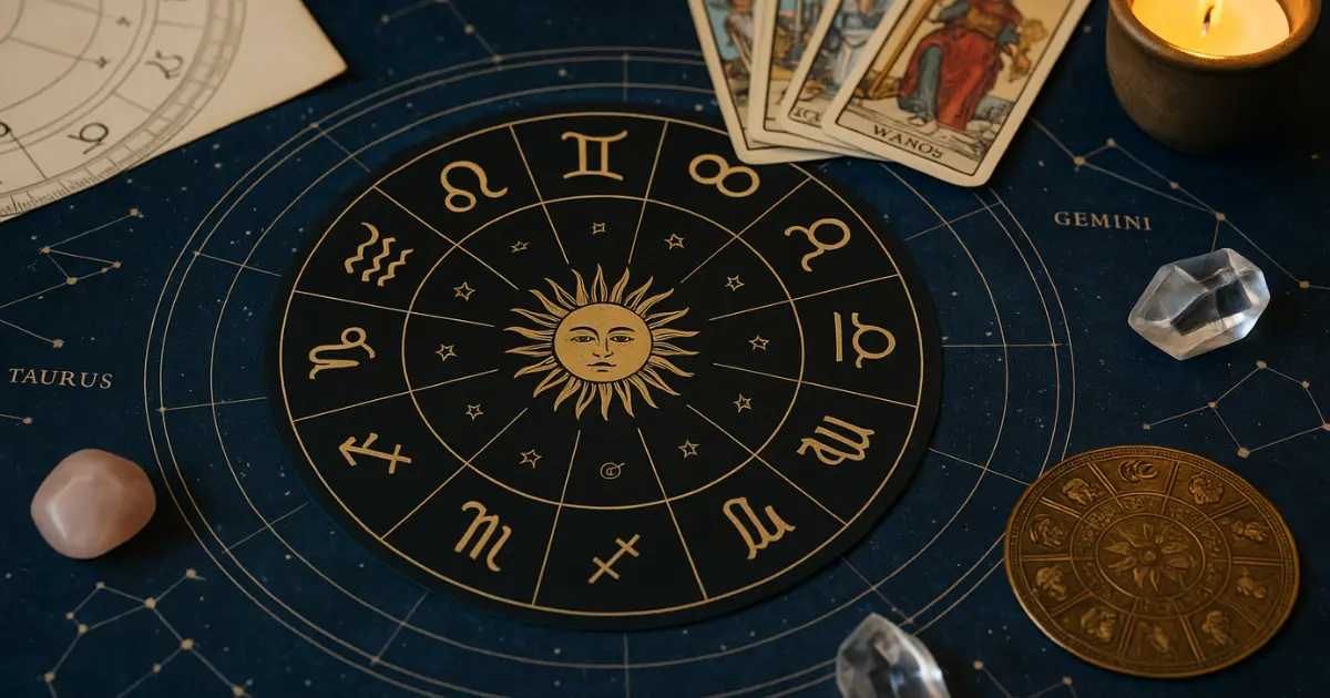 Zodiac astrologic și tarot pe hartă cerescă iluminată de lumânare – imagine simbolică pentru horoscopul lunii iunie 2025