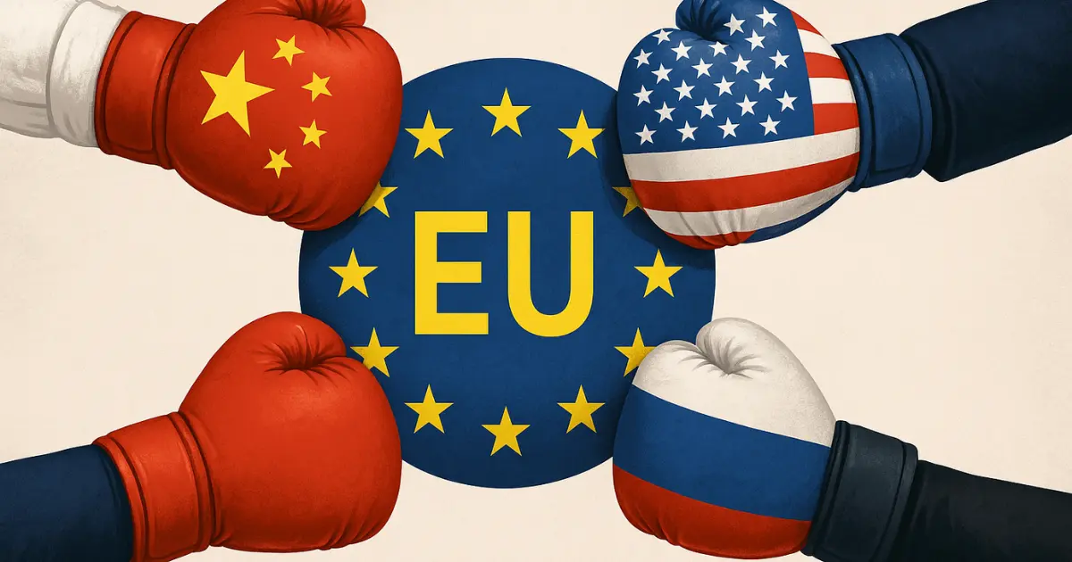 Patru mănuși de box cu steagurile SUA, Chinei, Rusiei și o forță neutră lovesc simbolic Uniunea Europeană – tensiuni geopolitice actuale