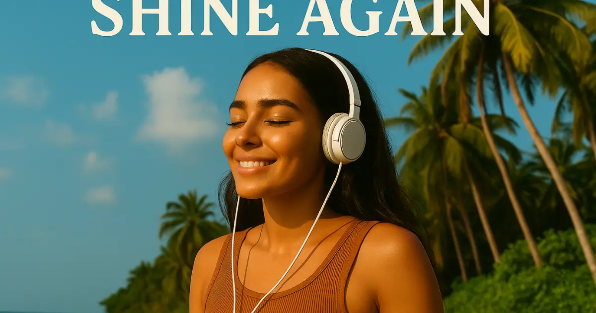 Luna M listening to music on a tropical beach – Shine Again single cover